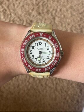 GUESS 1989 VINTAGE Red Bezel Watch with Cream Strap